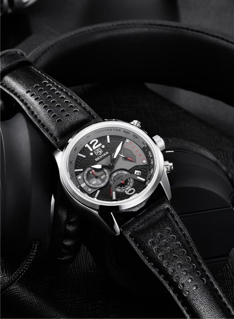BENYAR Men's Quartz Watches Genuine Leather Sports Wrist Watch for Men Waterproof,Silver Black - Image 5